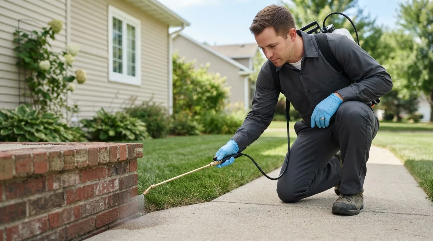 Pest control technician treating a home near Irvine, PA